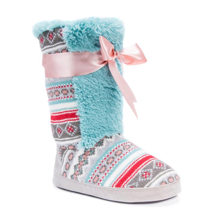 Muk Luks Women's Jewel Sweater Knit Boot Slippers, Size: Small, Turquoise/blue (turq/aqua)