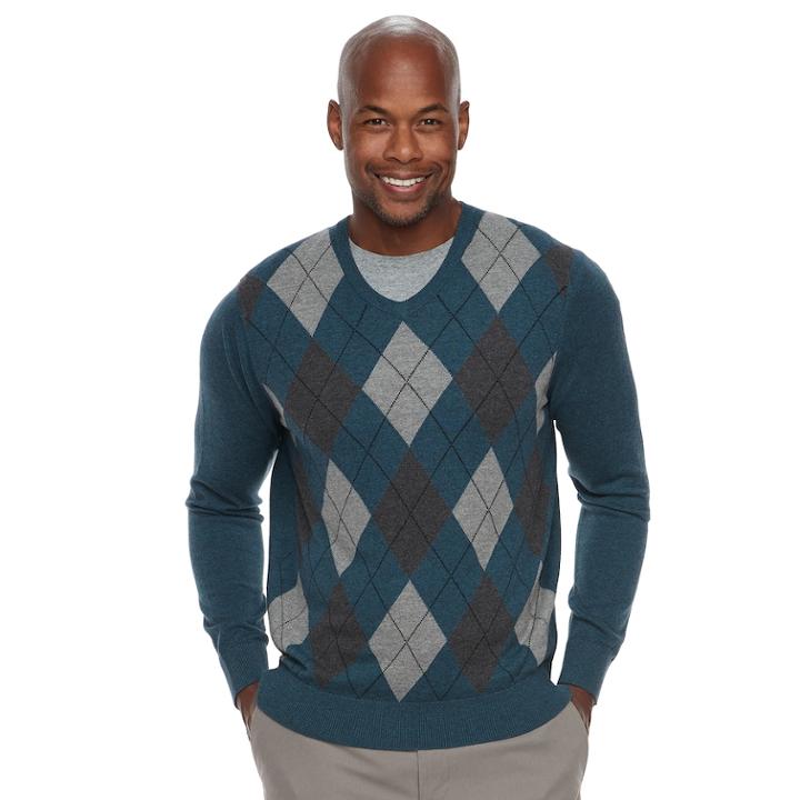 Men's Croft & Barrow&reg; Classic-fit Argyle Fine-gauge V-neck Sweater, Size: Large, Dark Blue