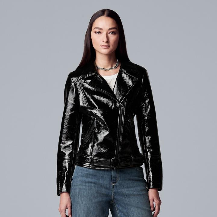 Women's Simply Vera Vera Wang Shiny Faux-leather Moto Jacket, Size: Xs, Black