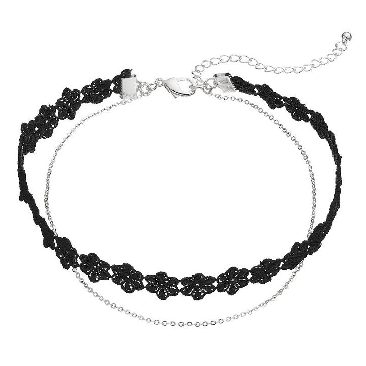 Black Floral Lace Double Strand Choker Necklace, Women's