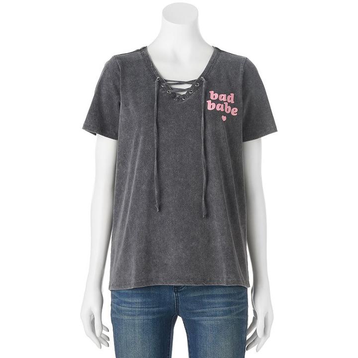 Juniors' Bad Babe Heart Lace-up Graphic Tee, Girl's, Size: Medium, Grey (charcoal)