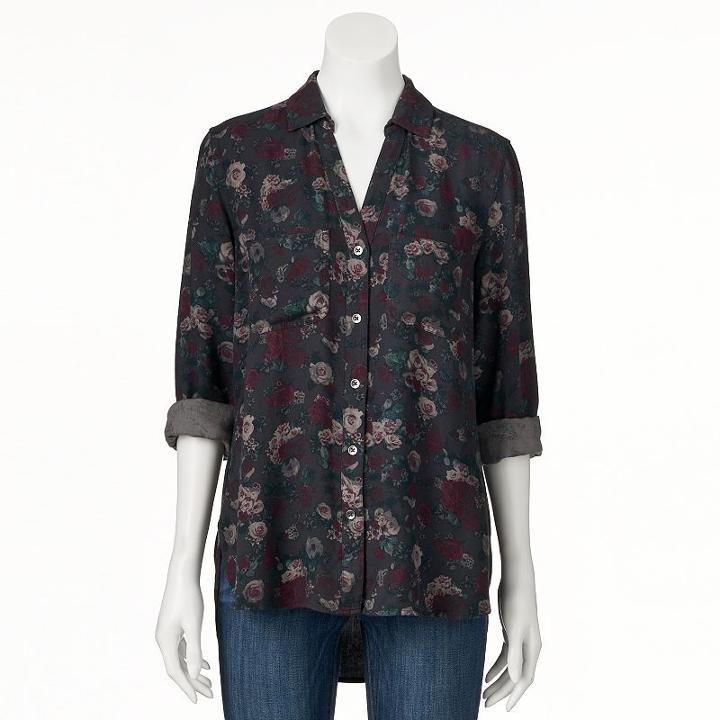 Women's Rock & Republic&reg; Floral High-low Shirt, Size: Medium, Med Red