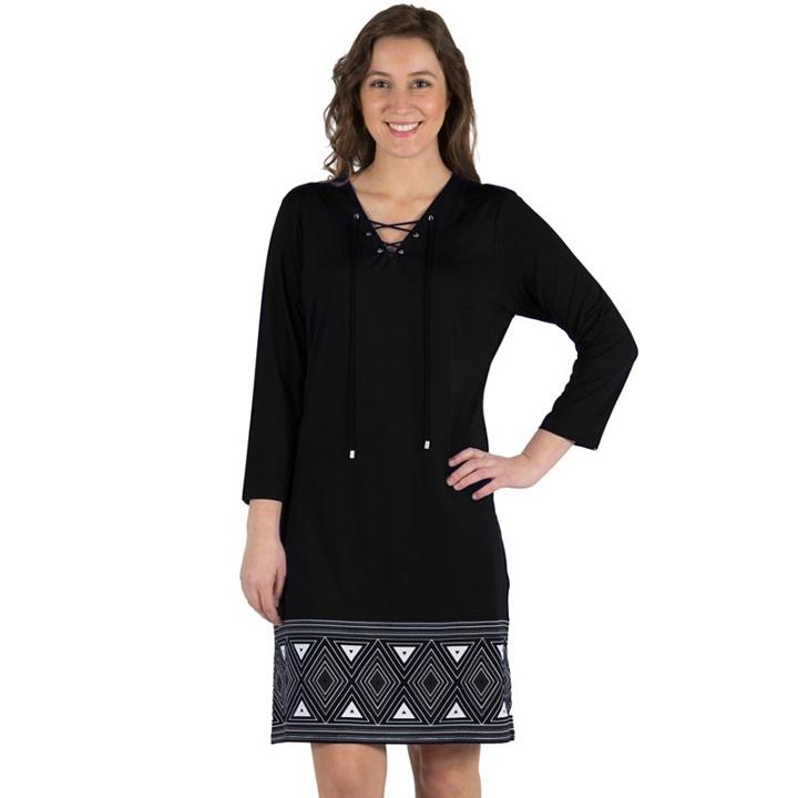Women's Larry Levine Lace Up A-line Border Print Dress, Size: Xl, Grey (charcoal)