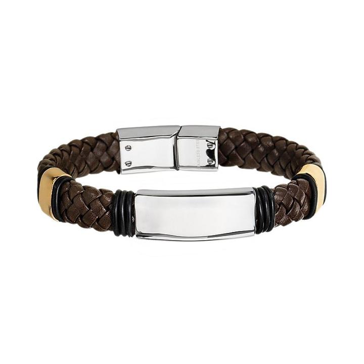 Two Tone Stainless Steel Leather Braided Bracelet - Men, Size: 8.5, Brown