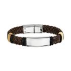Two Tone Stainless Steel Leather Braided Bracelet - Men, Size: 8.5, Brown