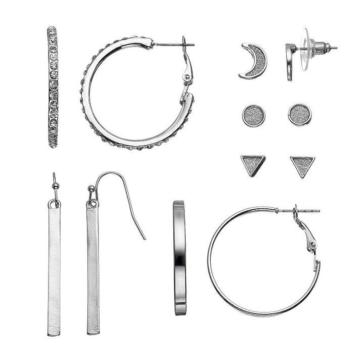 Mudd&reg; Glittery Geometric Stud, Bar Drop & Hoop Earring Set, Girl's, Silver