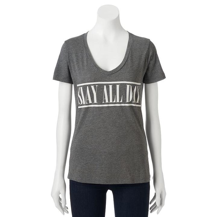 Juniors' Slay All Day V-neck Graphic Tee, Girl's, Size: Large, Grey (charcoal)