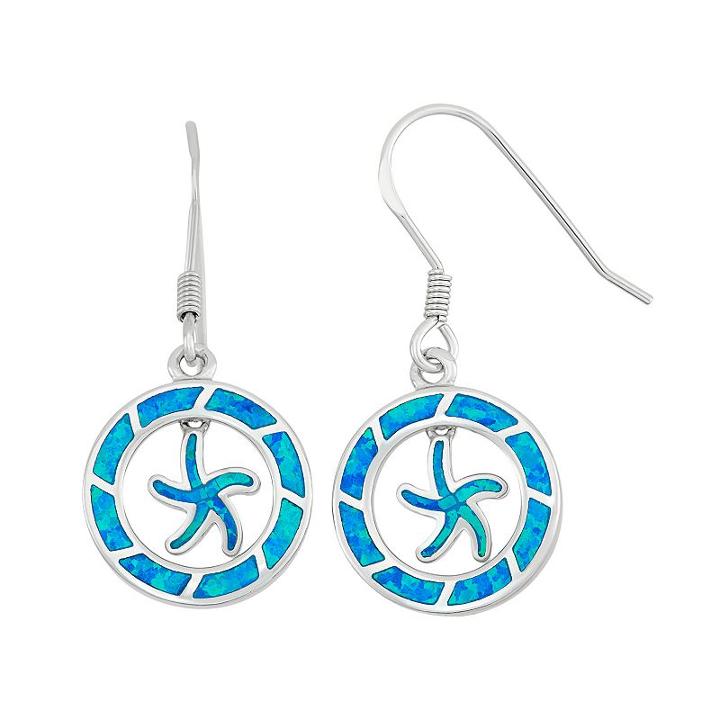 Lab-created Blue Opal Sterling Silver Starfish Circle Drop Earrings, Women's