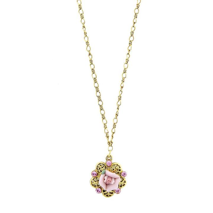 1928 Porcelain Rose Filigree Necklace, Women's, Pink