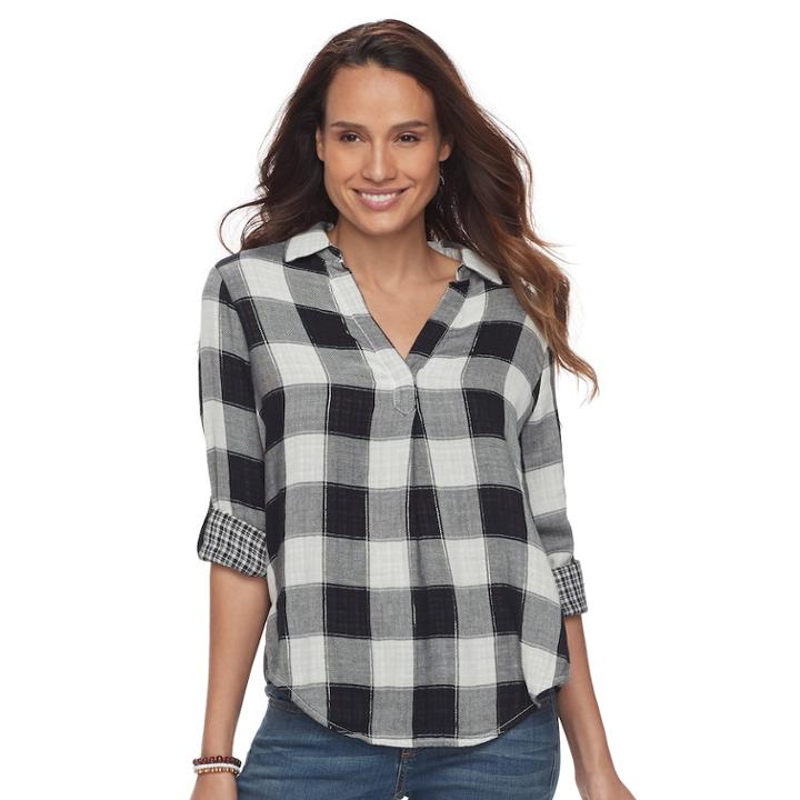 Petite Sonoma Goods For Life&trade; Plaid Splitneck Shirt, Women's, Size: L Petite, Oxford
