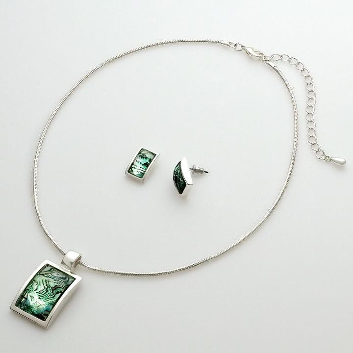 Silver-tone Square Pendant And Earring Set, Women's, Green