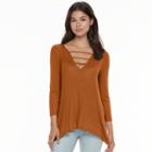 Juniors' Mudd&reg; Shark-bite Ladder V-neck Tee, Teens, Size: Large, Med Brown