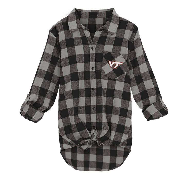 Juniors' Virginia Tech Hokies Spirit Week Tie-front Flannel Shirt, Teens, Size: Medium, Black