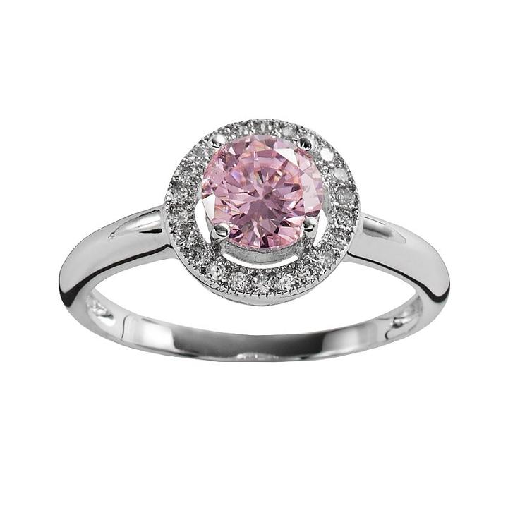 The Silver Lining Silver Plated Pink And White Cubic Zirconia Halo Ring, Women's, Size: 8