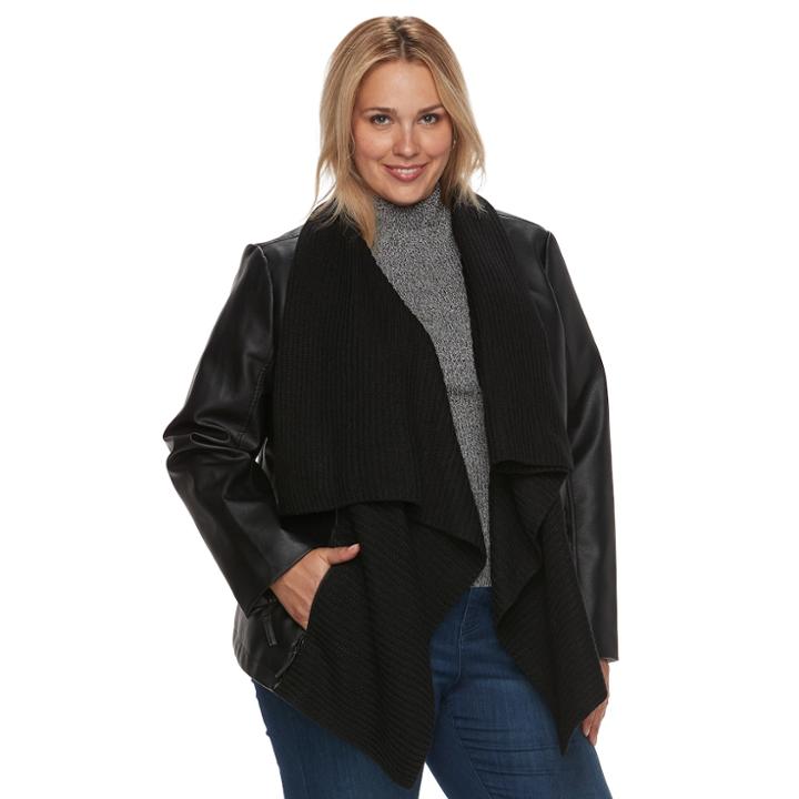 Plus Size Apt. 9&reg; Faux-leather Ribbed Sweater Jacket, Women's, Size: 2xl, Black