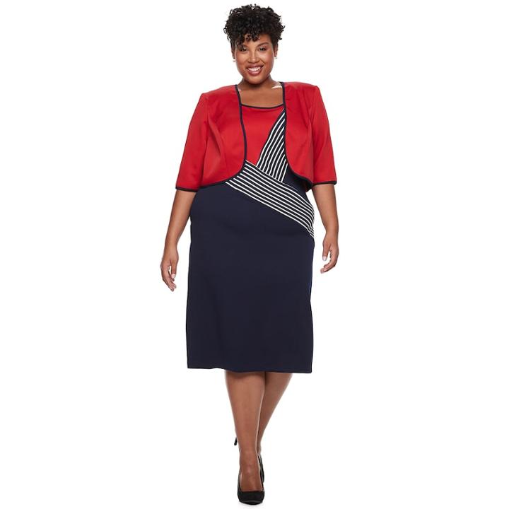 Plus Size Maya Brooke Asymmetrical Stripe Jacket & Dress Set, Women's, Size: 24 W, Dark Red