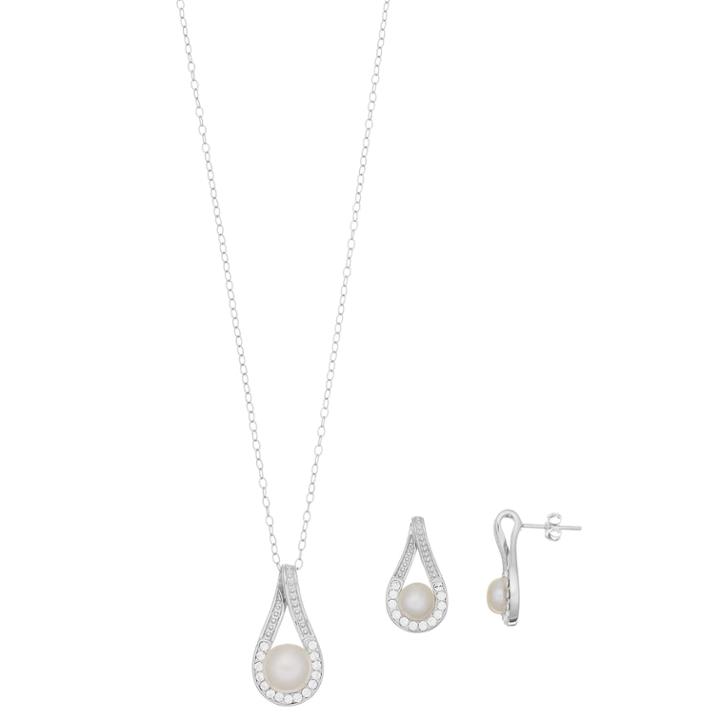 Sterling Silver Pearl Teardrop Earring & Pendant Necklace Set, Women's, Size: 18, White
