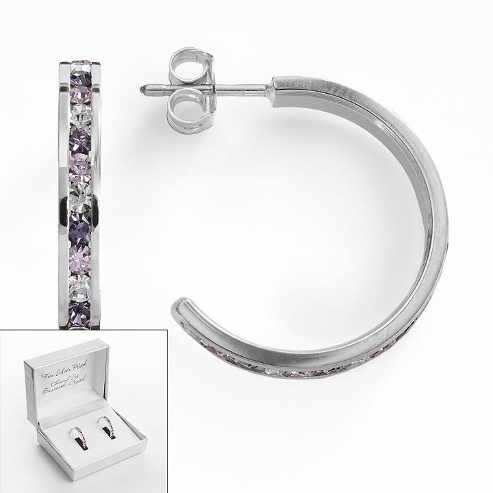 Traditions Silver Plate Purple And White Swarovski Crystal Hoop Earrings, Women's