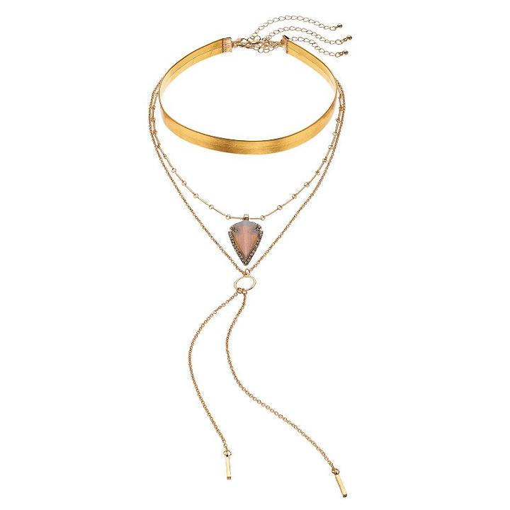 Brown Choker, Arrowhead Pendant & Y Necklace Set, Women's