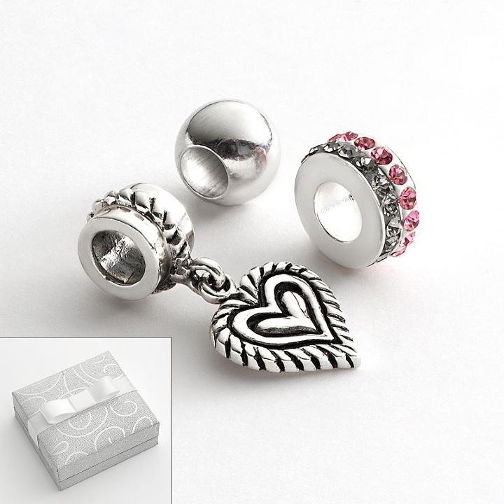 Individuality Beads Sterling Silver Crystal Spacer, Round Spacer And Heart Charm Bead Set, Women's, Grey