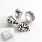 Individuality Beads Sterling Silver Crystal Spacer, Round Spacer And Heart Charm Bead Set, Women's, Grey