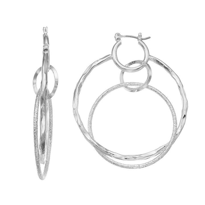 Hammered Circle Link Nickel Free Double Hoop Earrings, Women's, Silver