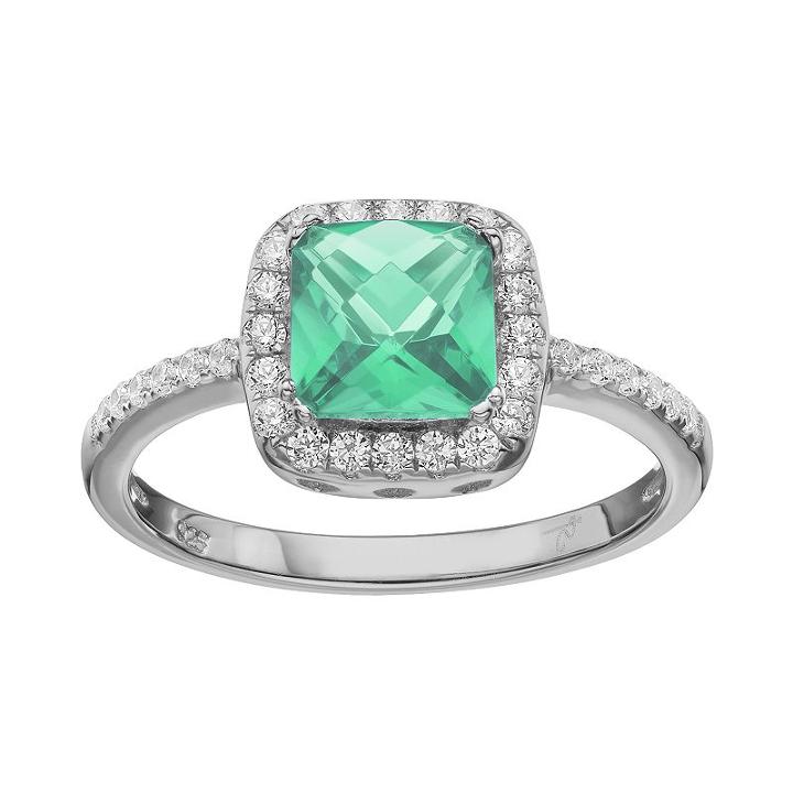 Rebecca Sloane Green Obsidian & Cubic Zirconia Platinum Over Silver Halo Ring, Women's, Size: 8