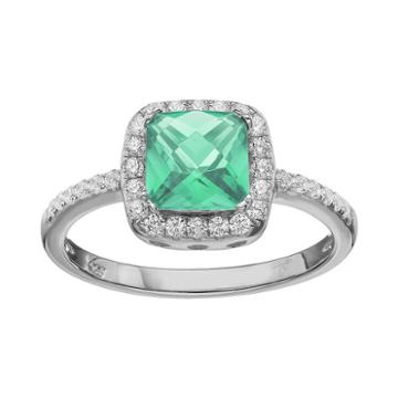 Rebecca Sloane Green Obsidian & Cubic Zirconia Platinum Over Silver Halo Ring, Women's, Size: 8