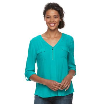 Women's Kate And Sam Jacquard Zipper Neck Top, Size: Medium, Med Green