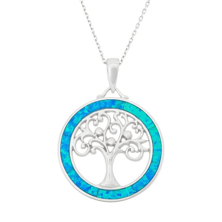 Lab-created Blue Opal Sterling Silver Tree Of Life Circle Pendant Necklace, Women's, Size: 18