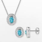 Silver-plated Simulated Crystal Oval Halo Pendant And Stud Earring Set, Women's, Blue