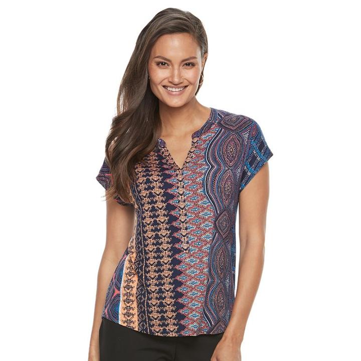 Women's Dana Buchman Printed Splitneck Top, Size: Xs, Blue
