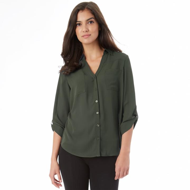 Juniors' Iz Byer Roll-tab Shirt, Teens, Size: Xs, Dark Green