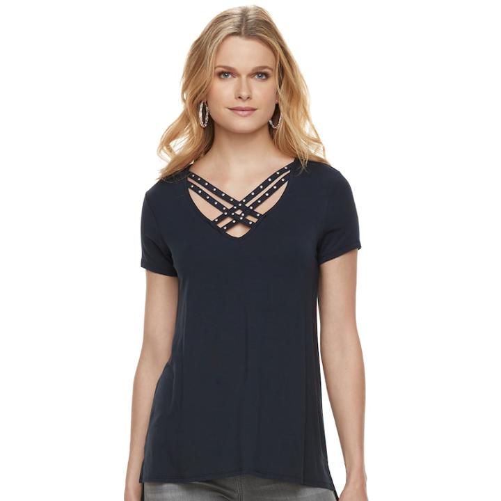 Women's Rock & Republic&reg; Strappy Crisscross Tee, Size: Xs, Blue (navy)