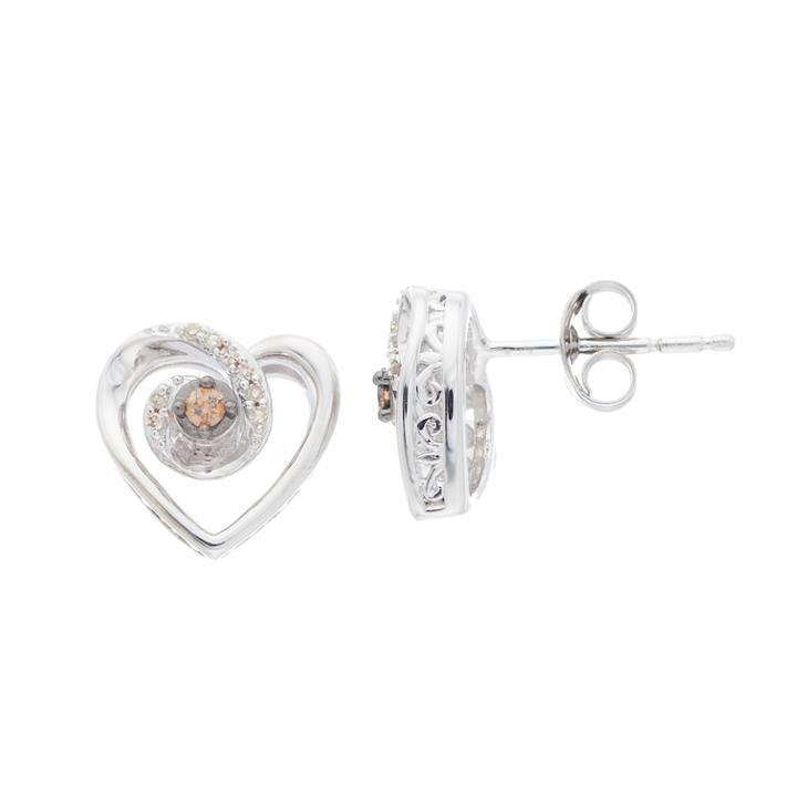 Sterling Silver 1/10 Carat T.w. Champagne & White Diamond Heart Stud Earrings, Women's