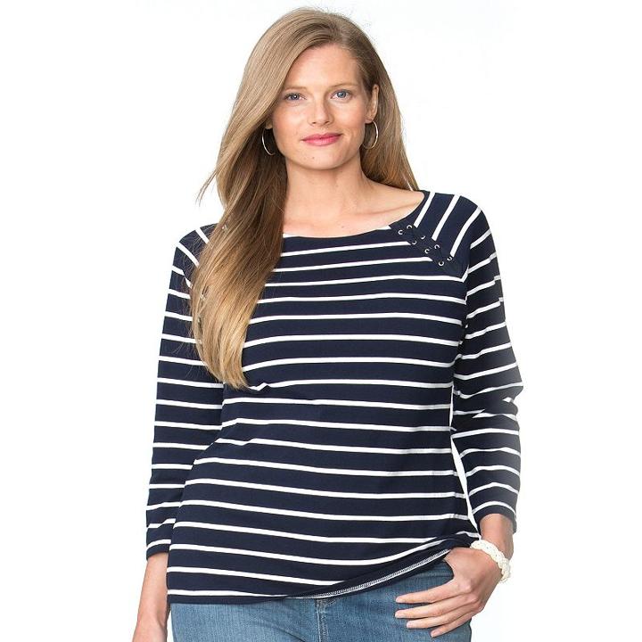 Plus Size Chaps Striped Lace-up Tee, Women's, Size: 3xl, Blue (navy)
