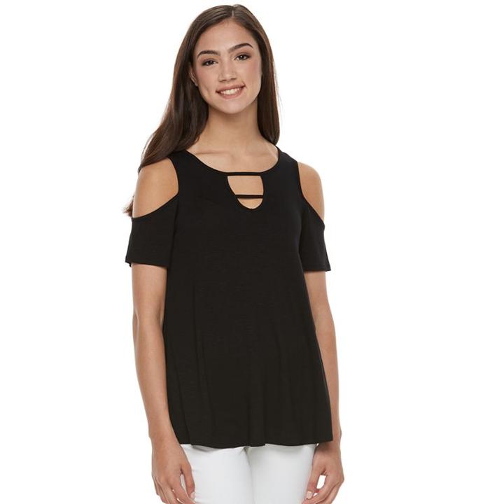 Juniors' Pink Republic Strappy Cold-shoulder Tee, Teens, Size: Xs, Black