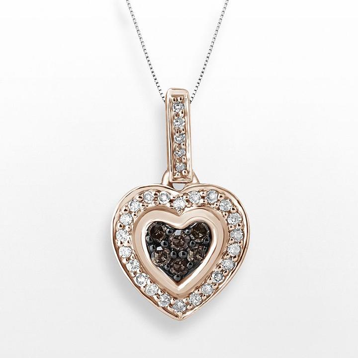 Rose Gold Tone Over Sterling Silver 1/4-ct. T.w. Diamond Heart Pendant, Women's, Size: 16, Brown