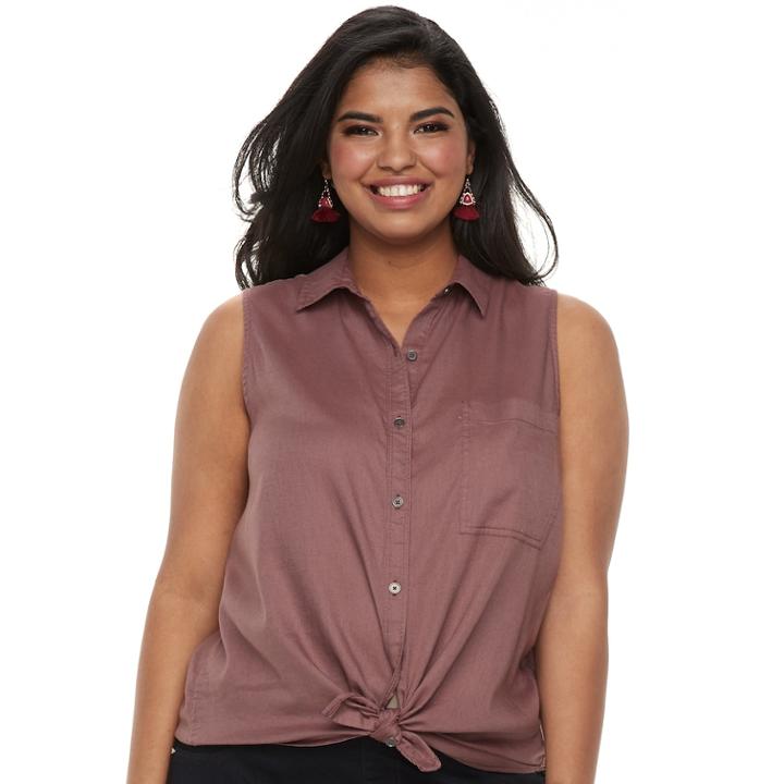 Plus Size Juniors' Plus So&reg; Sleeveless Tie-front Shirt, Teens, Size: 2xl, Beig/green (beig/khaki)