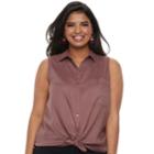Plus Size Juniors' Plus So&reg; Sleeveless Tie-front Shirt, Teens, Size: 2xl, Beig/green (beig/khaki)