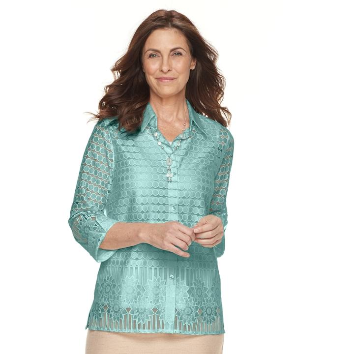 Petite Alfred Dunner Studio 3-pc. Sheer Blouse & Necklace Set, Women's, Size: 16 Petite, Turquoise/blue (turq/aqua)