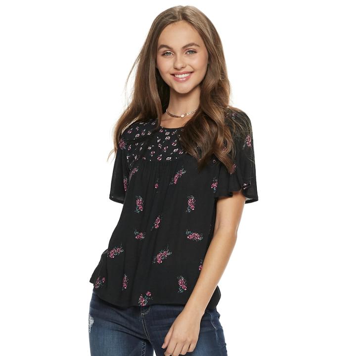 Juniors' Rewind Floral Flutter Sleeve Top, Teens, Size: Large, Black