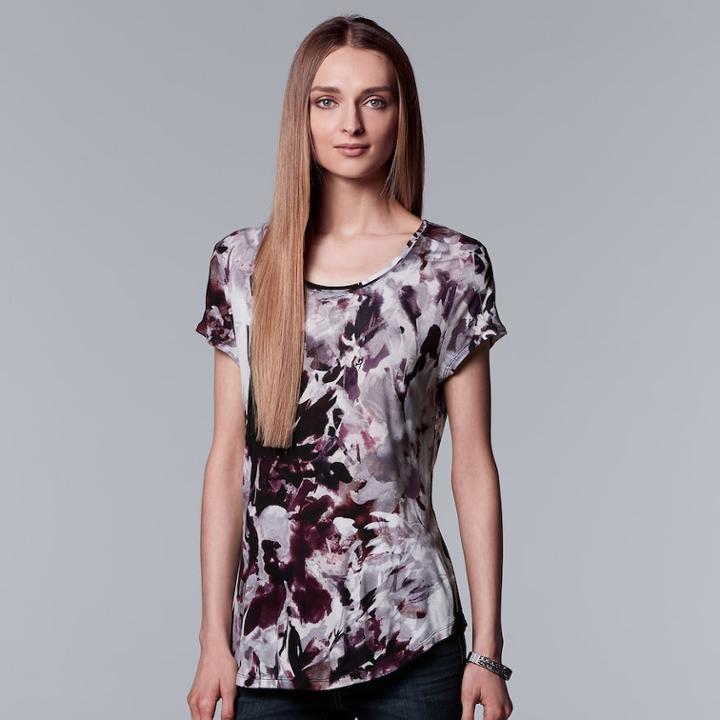 Petite Simply Vera Vera Wang Print Round Hem Tee, Women's, Size: L Petite, Drk Purple