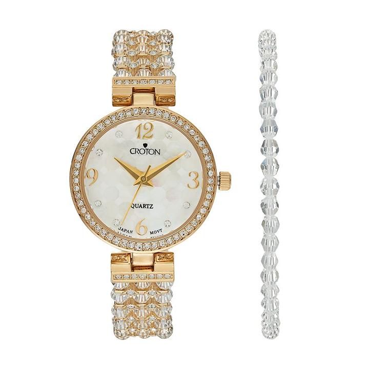 Croton Women's Austrian Crystal Watch & Beaded Bracelet Set, White