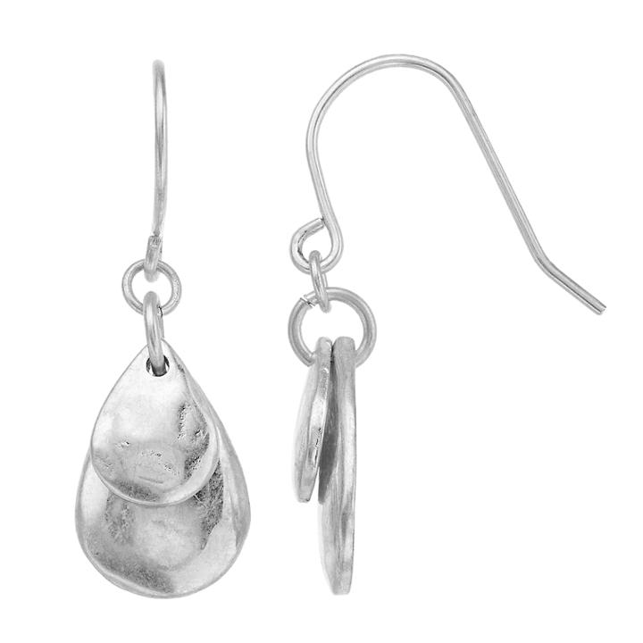 Silver Tone Hammered Double Teardrop Earrings, Women's