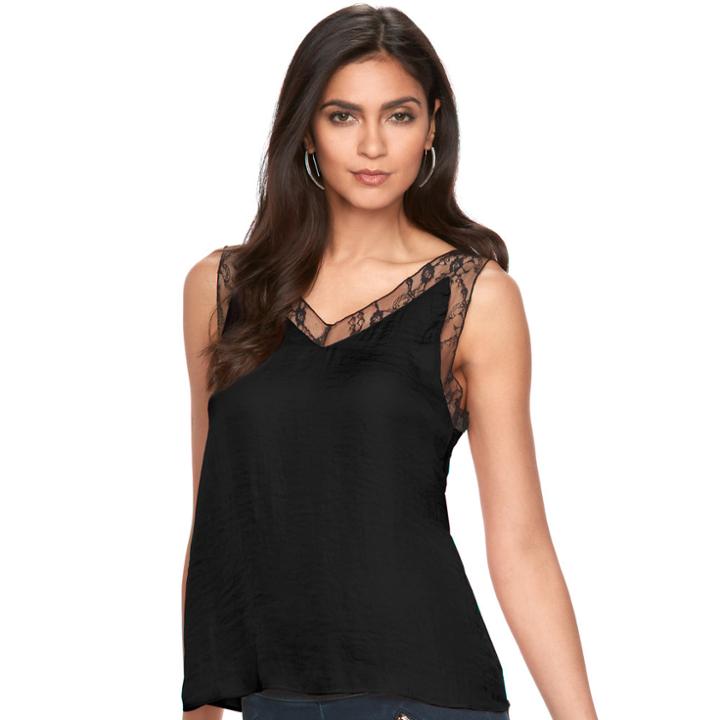 Women's Jennifer Lopez Satin Lace-trim Tank, Size: Medium, Black