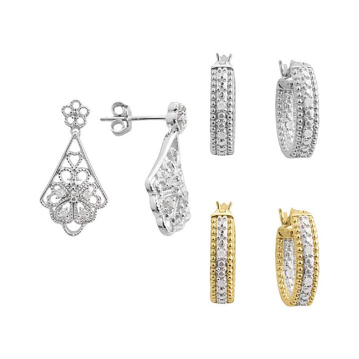 18k Gold And Silver Plate 1/4-ct. T.w. Diamond Hoop And Filigree Drop Earring Set, Women's, White
