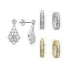 18k Gold And Silver Plate 1/4-ct. T.w. Diamond Hoop And Filigree Drop Earring Set, Women's, White