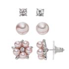 Pink Simulated Pearl Flower Nickel Free Stud Earring Set, Women's