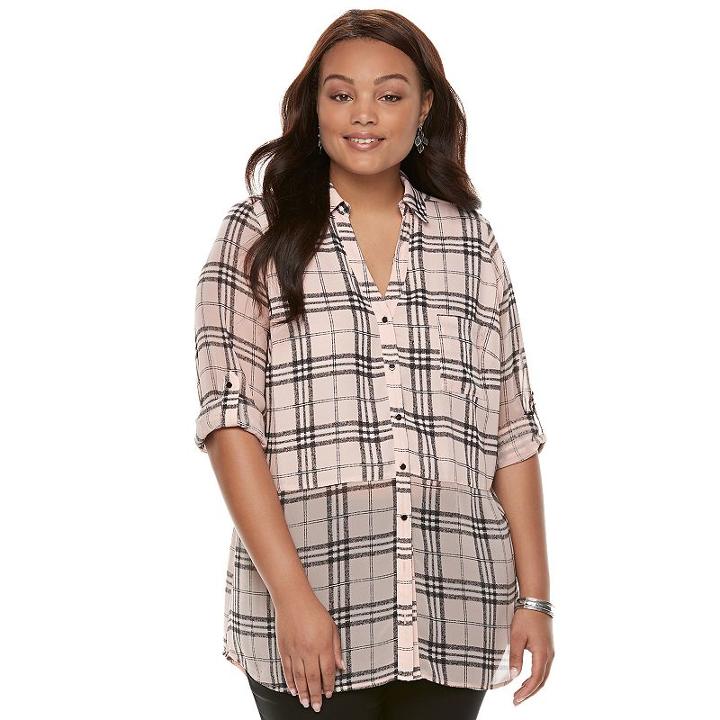 Juniors' Plus Size Candies&reg; Plaid Mixed Media Shirt, Teens, Size: 3xl, Brt Pink